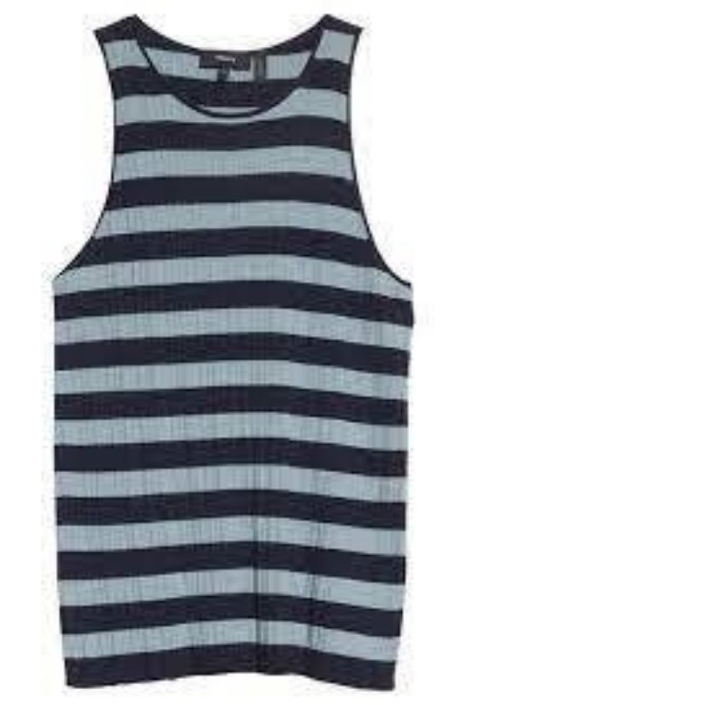 THEORY Classic Stripe Wool Knit Tank in Deep Navy/Eggshell Blue, Medium